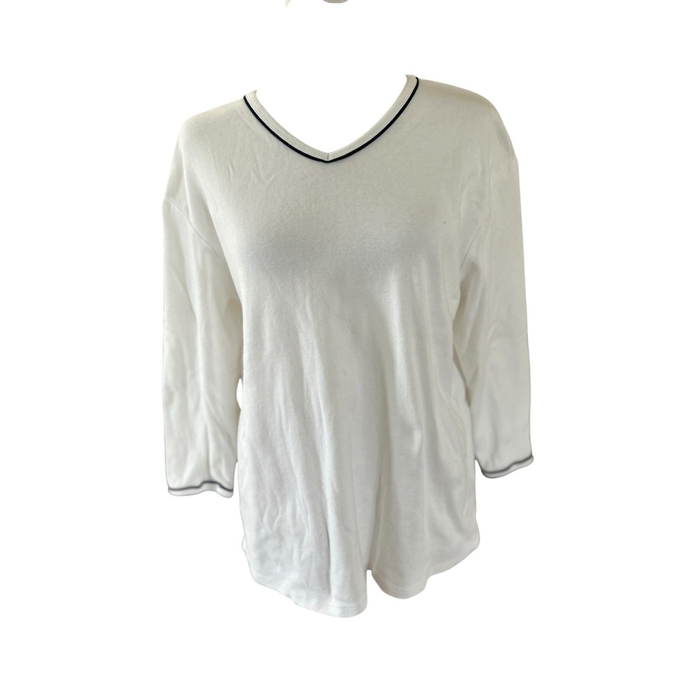 Basic Editions 100% Cotton Jersey White Black Trim V-Neck SZ L